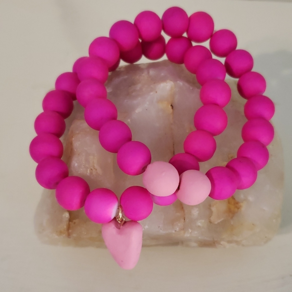 Heart duo bead bracelet set, pink - Picture 1 of 3